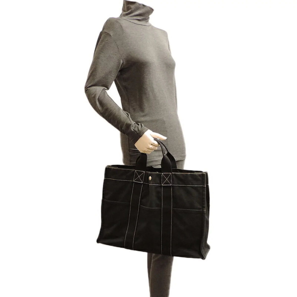 Ladies Canvas (Fair) Tote Hermes Black MM Cotton Pre-Owned Bag Deauville
