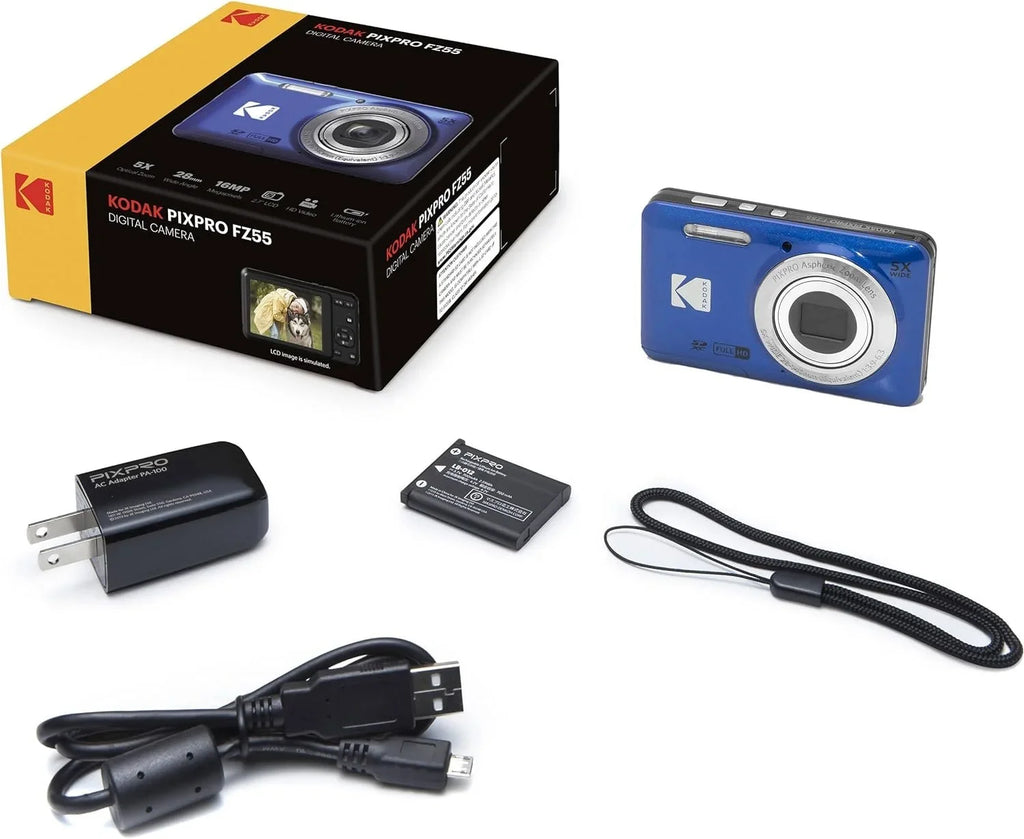 Blue Card Camera 5X Optical 1080P Tripod + 64GB 2.7" 16MP Zoom Memory Digital Full 28mm Kodak + LCD Case Camera HD FZ55 PIXPRO Reader Bundle + Cleaning and + Wide + Angle Video Wallet