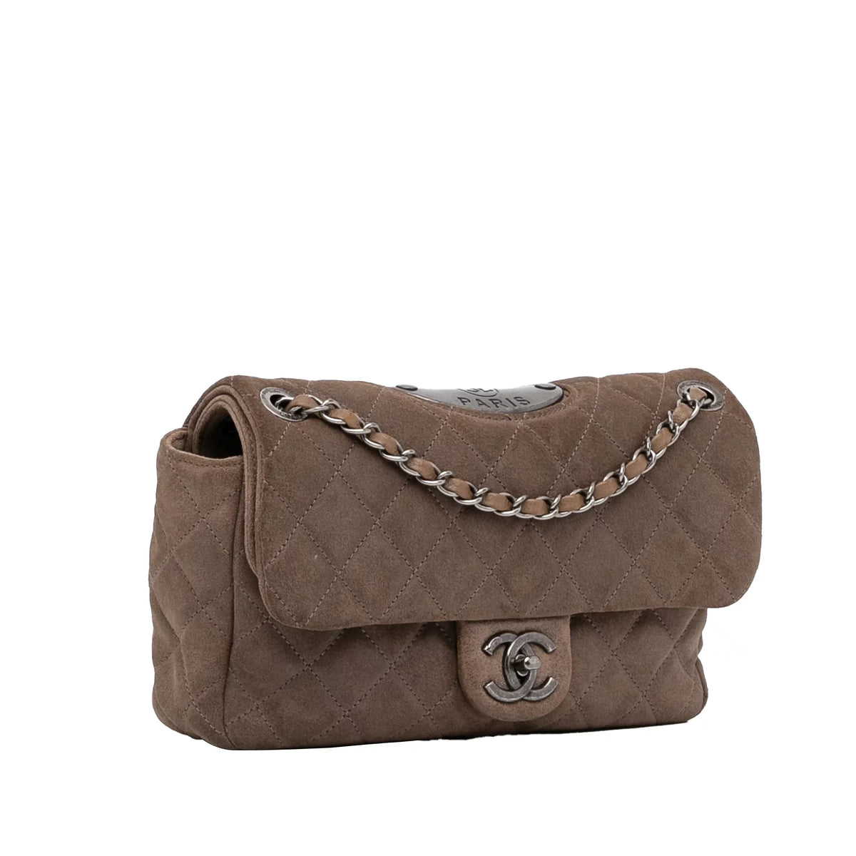 Bag Flap Unisex Suede Authenticated Small Shoulder Leather Double Classic Brown Pre-Owned Chanel