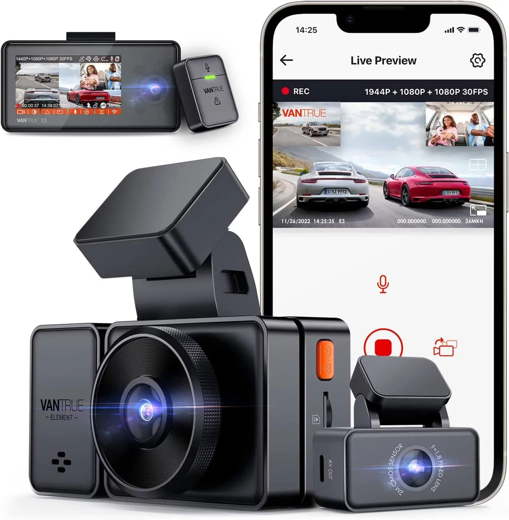 Control 3 Mode Voice Front WiFi Vantrue 3 2.5K GPS 1944P+1080P+1080P Dash and Car Inside Cam Motion Dash Night Channel Hrs IR E3 Parking Rear Camera Vision 24 for Detection Way