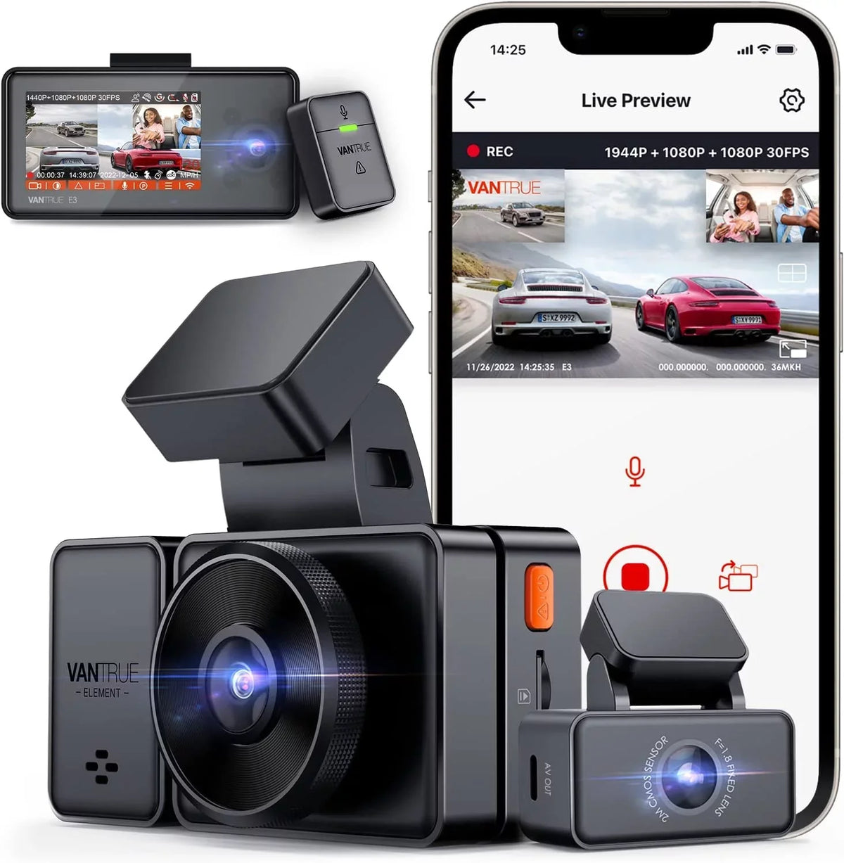 Control 3 Mode Voice Front WiFi Vantrue 3 2.5K GPS 1944P+1080P+1080P Dash and Car Inside Cam Motion Dash Night Channel Hrs IR E3 Parking Rear Camera Vision 24 for Detection Way