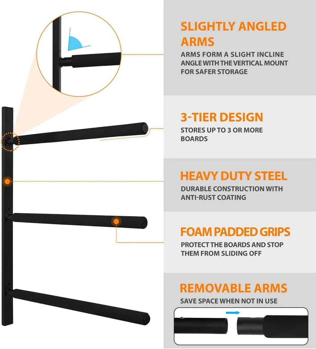 Store with Hanger 3.54" Yes4All 5.51" x Longboards, Mount Paddle Up Board to & Foam, Padded Heavy Racks, Surfboards, 34.25" Surfboard Black, Display 3 Wall x Duty Snowboards, Steel