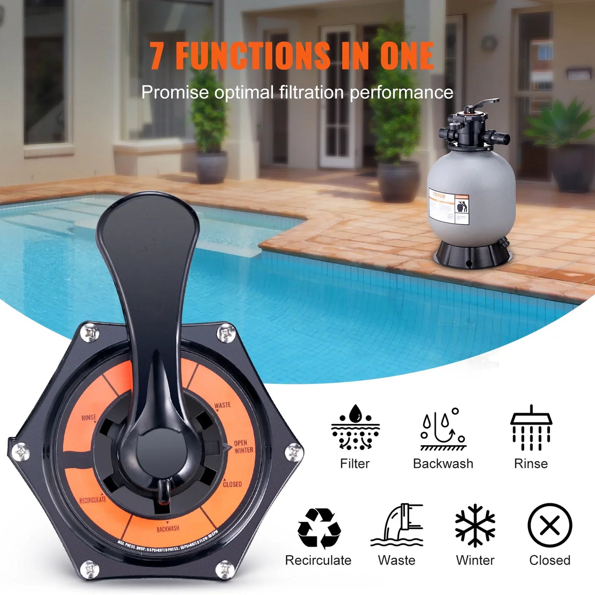 with Sand Filter Pool Valve BENTISM 7-Way Filter 19" Above Inground Sand Swimming