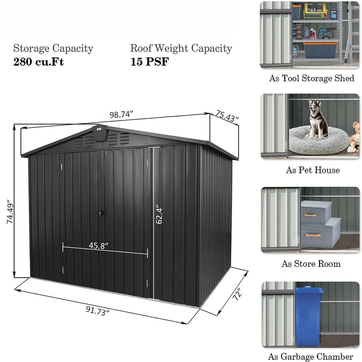 with Shed Capri Lawn, for 6.2' Black Lockable Galvanized Outdoor Cabinet Patio, Trash Door Metal Outdoor Garden Shed, for Can, Storage Steel 8.2'x Storage Bike, Backyard,