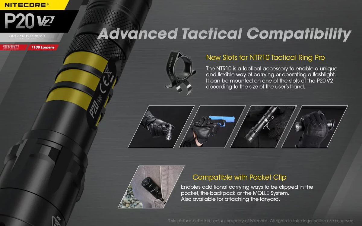 P20 - Combo: Flashlight V2 XP-L2 Tactical Lumens LED Battery 1100 V6 w/NL1834R Cord Eco-Sensa +Free - Nitecore CREE USB