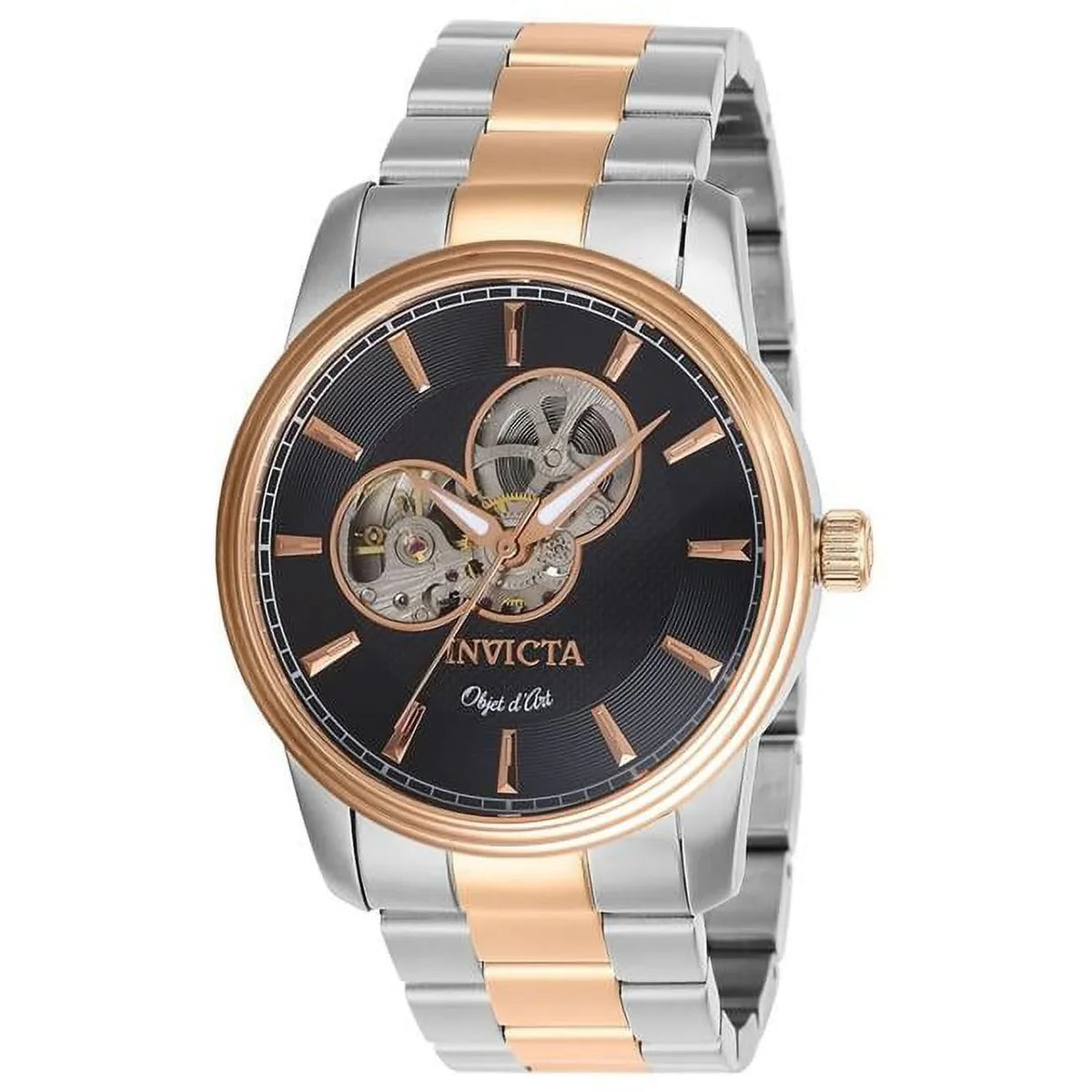 D Steel Mens Watch Tone Rose Dial Art Gold Objet 3 & Hand with Black Automatic