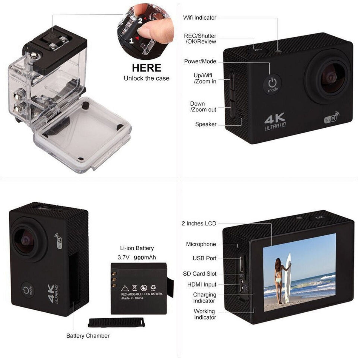 Under Included Action Waterproof, Battery, 30M Sports HD Card, Camera 1080P Carry Case TF Camera