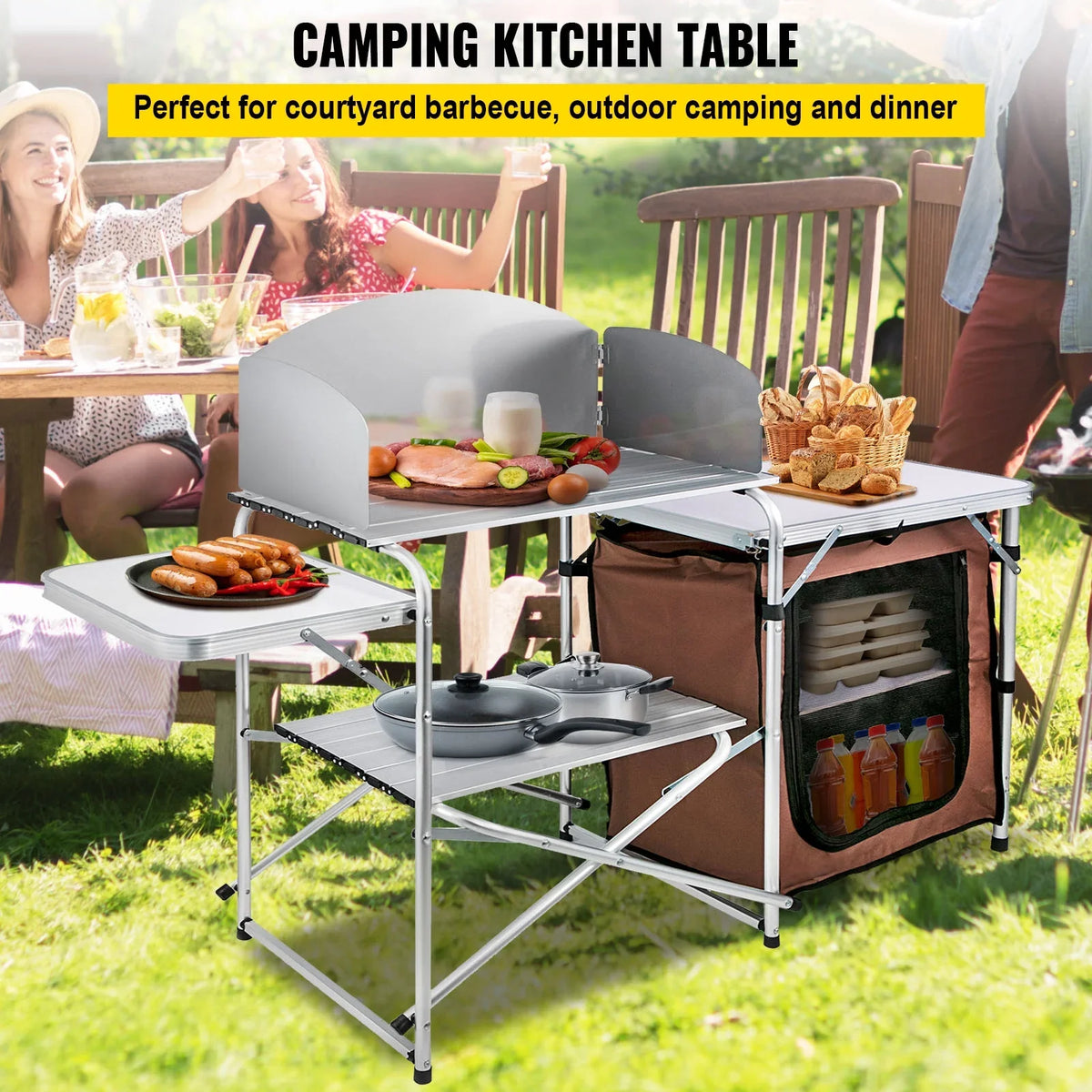 Table Kitchen with Camping, Portable Table Brown 2-Tier, BBQ, Bag for Table Outdoor Cook Camp SKYSHALO Party, Folding Color, Camping Zippered