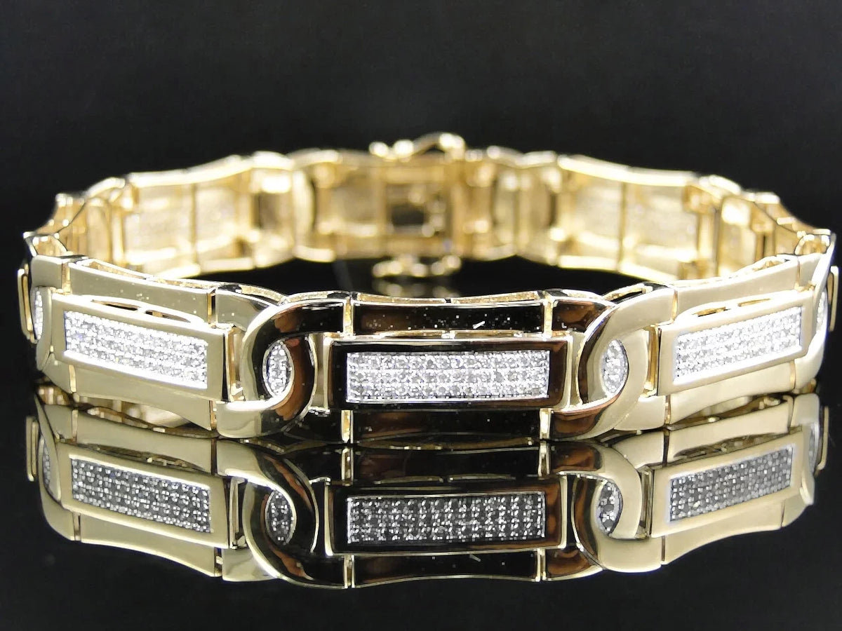 Gold 3 Inch 14K Ct Cut Pave Genuine Bracelet Diamond Yellow Round Mens 8.5 Set