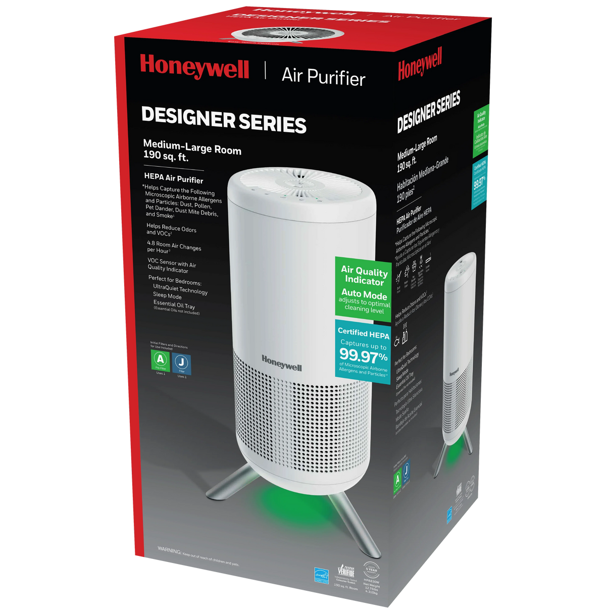 Designer Series ft, White, Air Honeywell Purifier HEPA HPA830W 190 Tower, sq