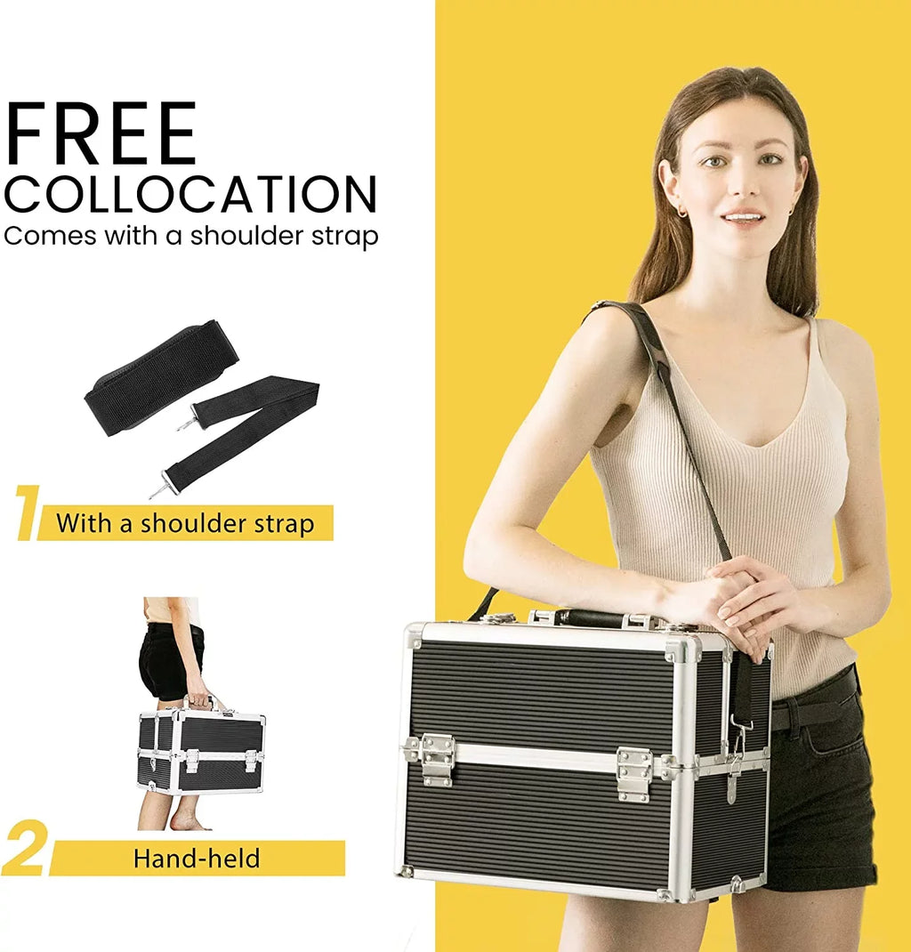 Makeup Straps Rolling Box Shoulder 1 2 Train Professional Case VIVOHOME in are Cosmetic Keys Aluminum not with Black(Cosmetic 4 Organizer Trolley included)