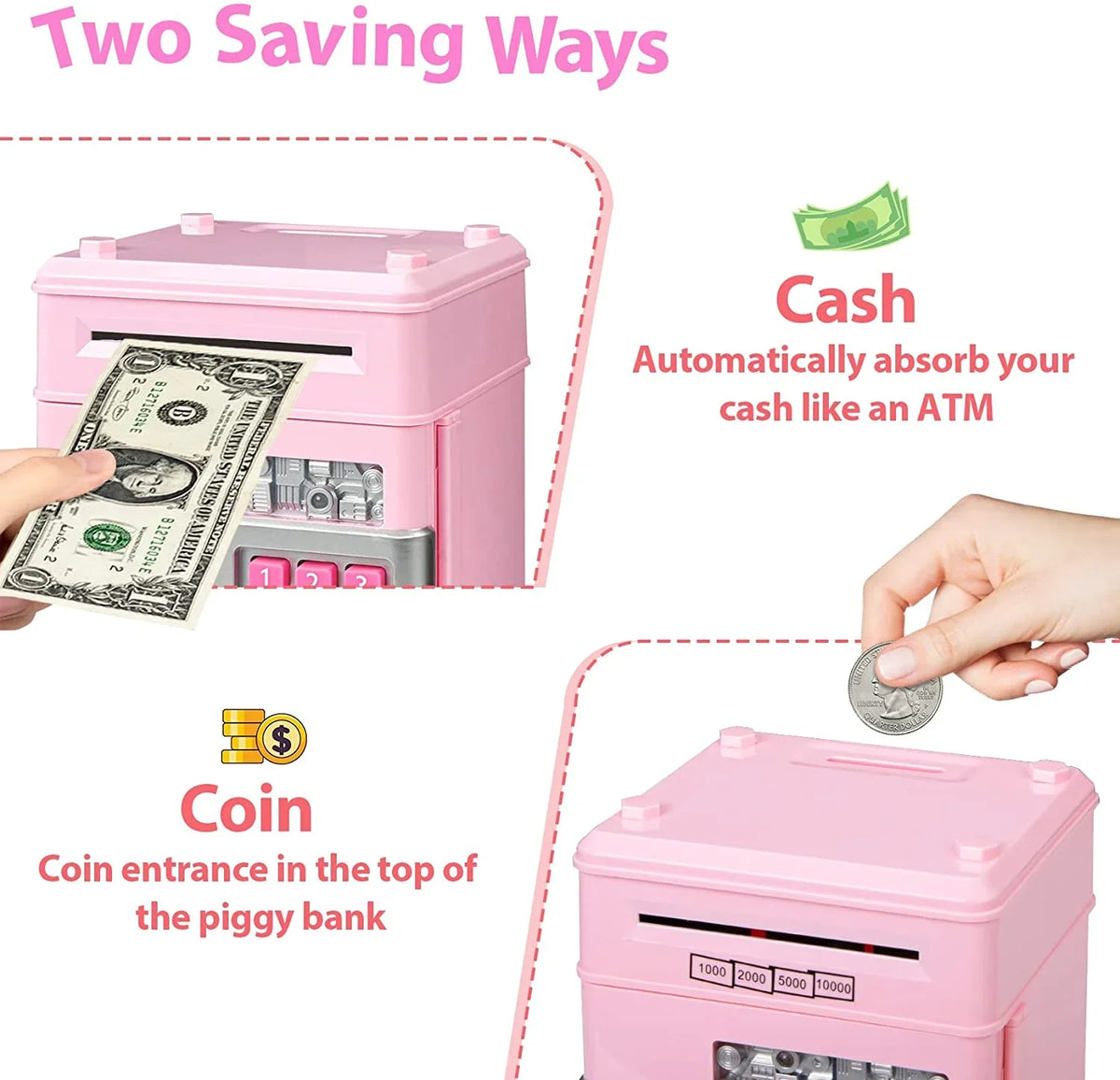 ATM (Pink/Silver) Toy Coin Kids Password Bank for ATM Boys Cash Adult Bank Gifts Electronic Savings Machine Real Money Box Safe Digital Money Girls Piggy Savings Kids Saving Mini