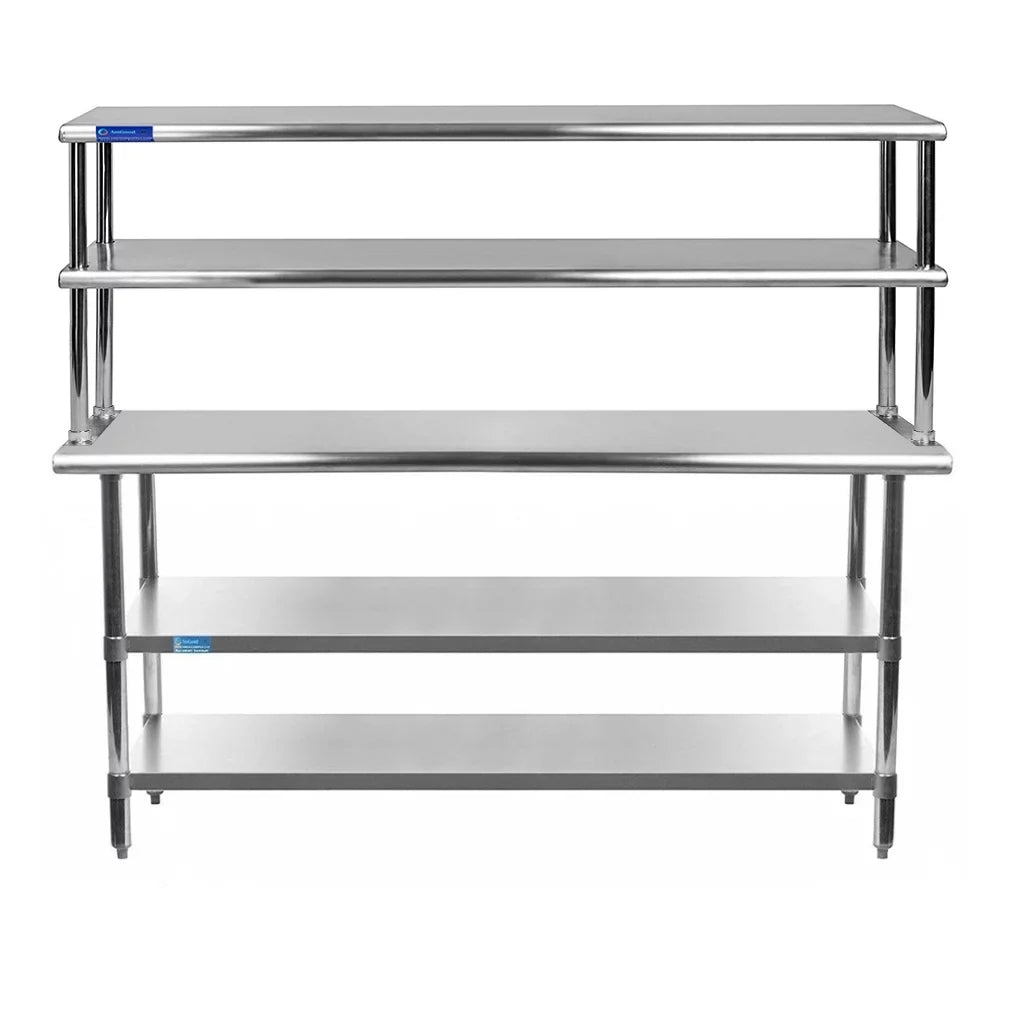 Table 72" | Shelves | 30" Work Tier Double Metal & Overshelf Shelving With Wide Prep Steel Combo Table Kitchen x Two 12" Stainless