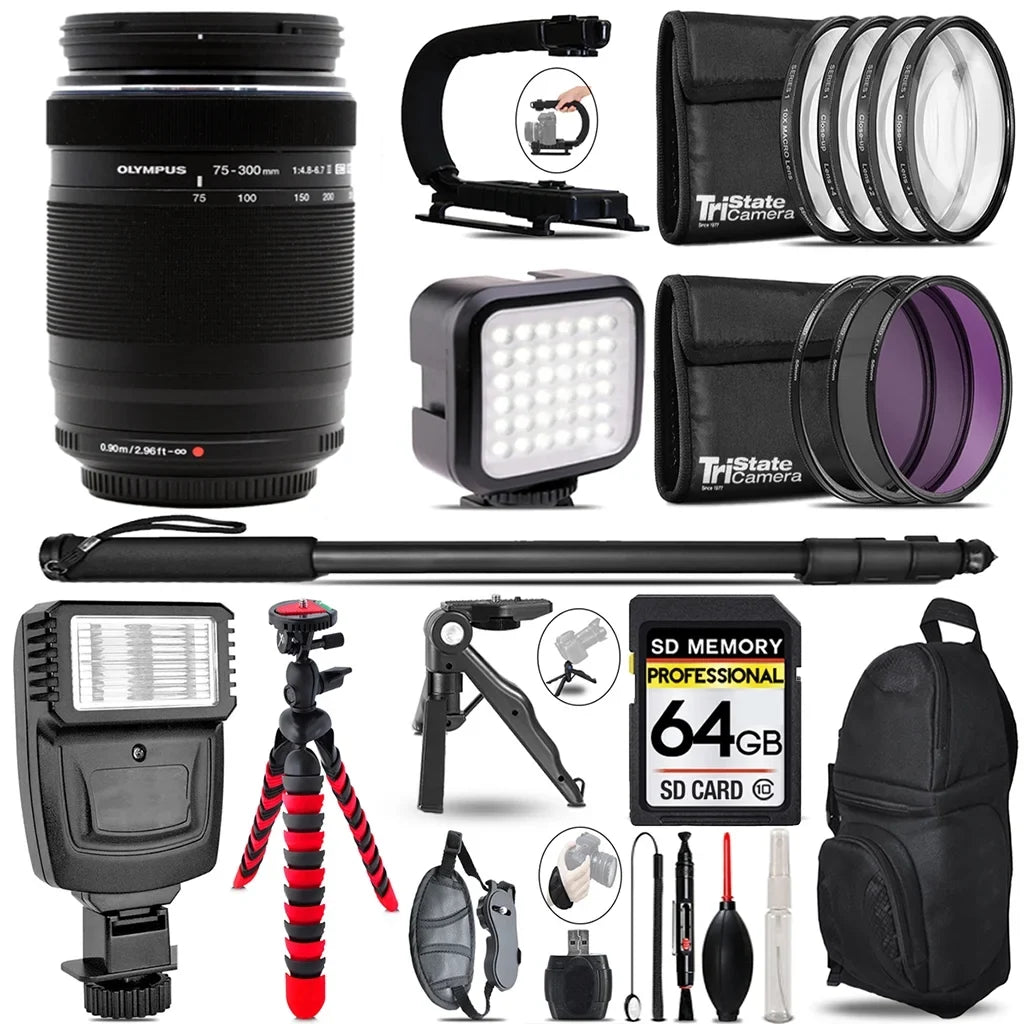 Flash 75-300mm + Olympus Lens- Monopad Accessory ED M.Zuiko + Slave 64GB Bundle Kit Digital II - Video f/4.8-6.7