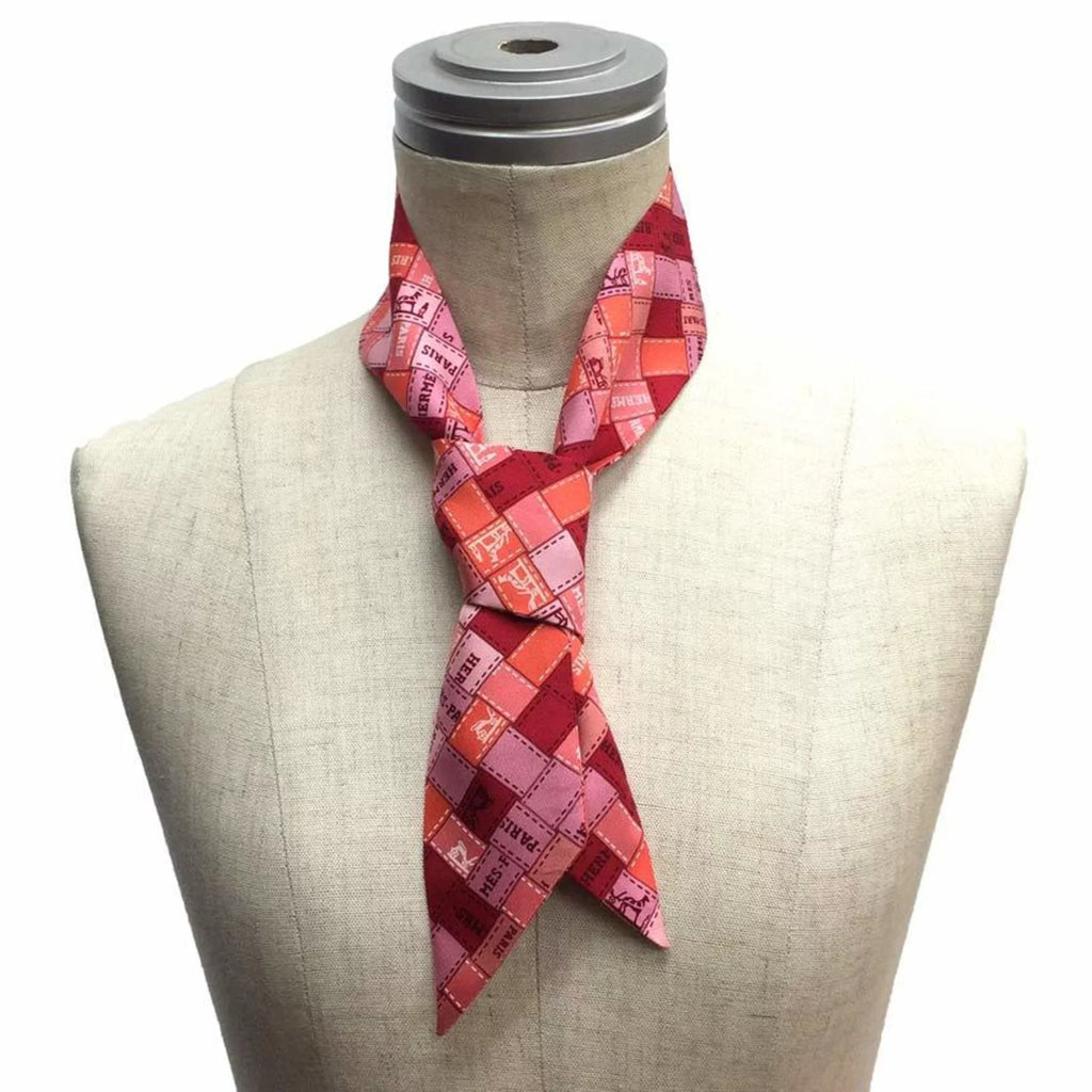 Pre-Owned 100% aq7360 Hermes Twilly Silk au Bolduc Check New) Pink 2019 (Like HERMES Carre Scarf Muffler