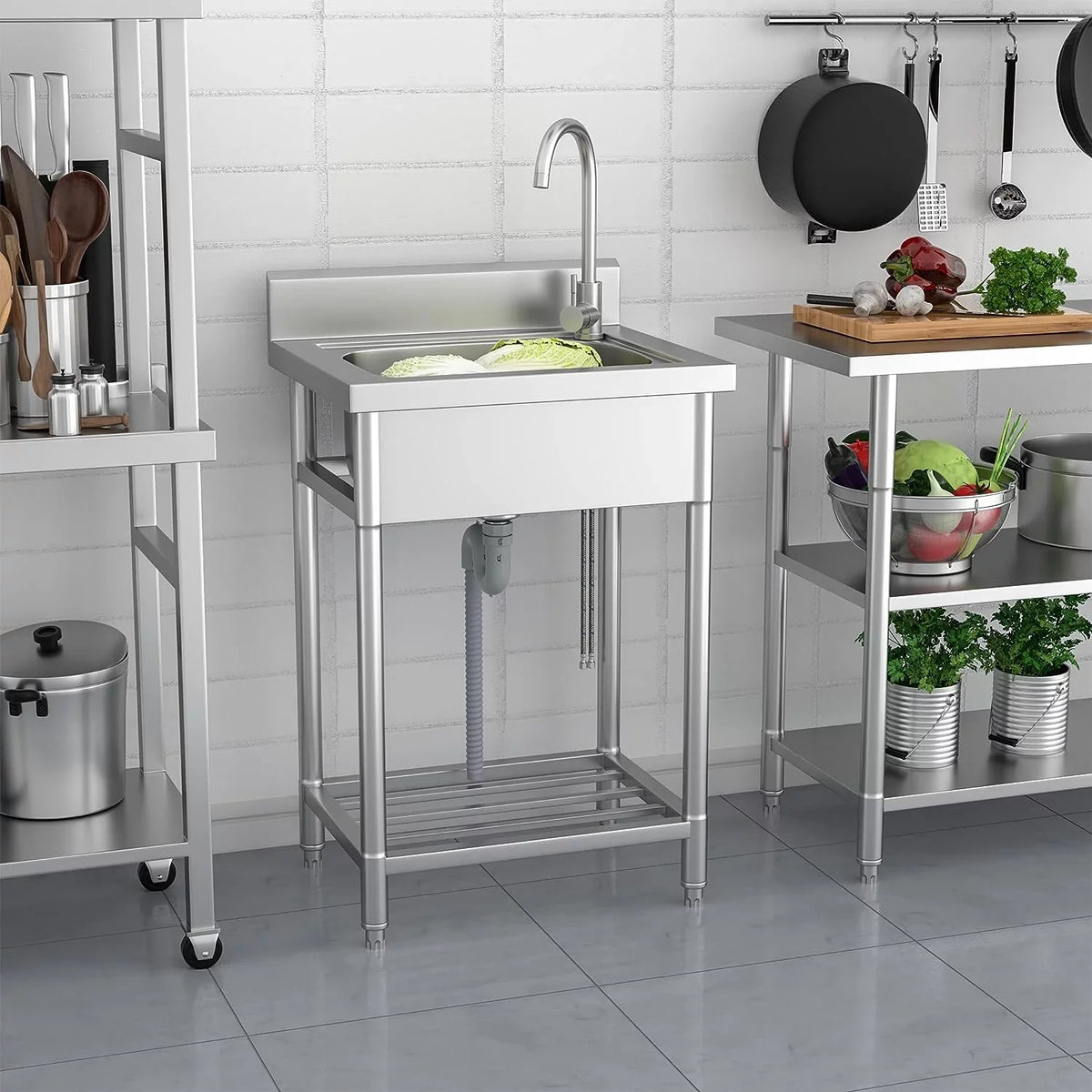 Single Steel with and Free Utility and Stainless Bathroom, Water Pipe Farmhouse for Cold Hot Ideal Standing Bowl Room, Laundry - Sink