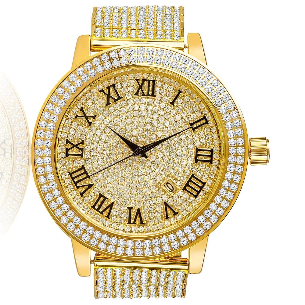 Watch W/Date Khronos Face Diamonds Jojino Roman Rodeo Jojo Tone Gold Joe Yellow Custom Simulated Function