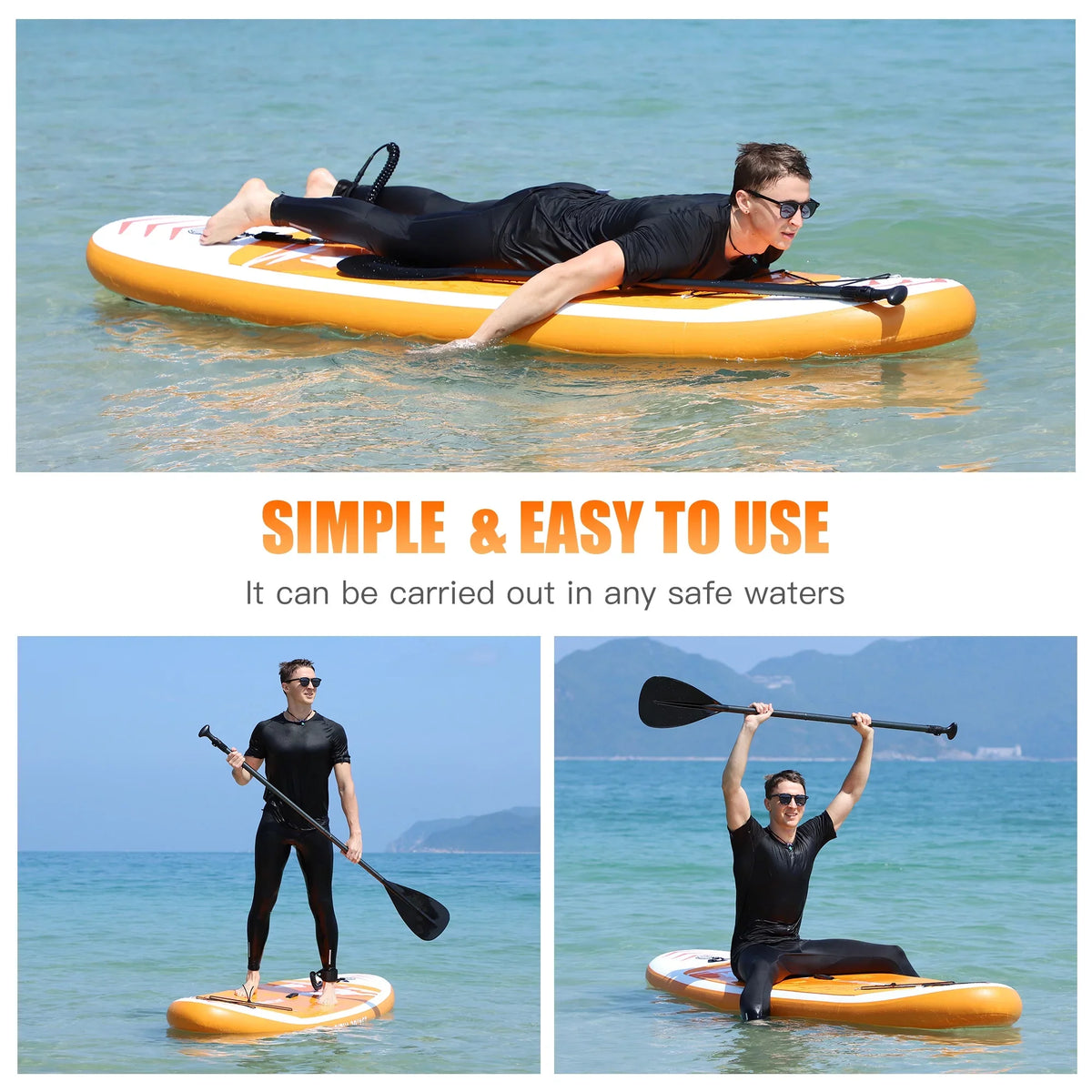 SUP/ & Control, Non-Slip Boat-Orange Adult Bottom Standing Surf Famistar Up Stand 10' Wide 3 Deck Board Inflatable Pins | Stance, Paddle Paddling, (6"Thick) with Fin for |Youth