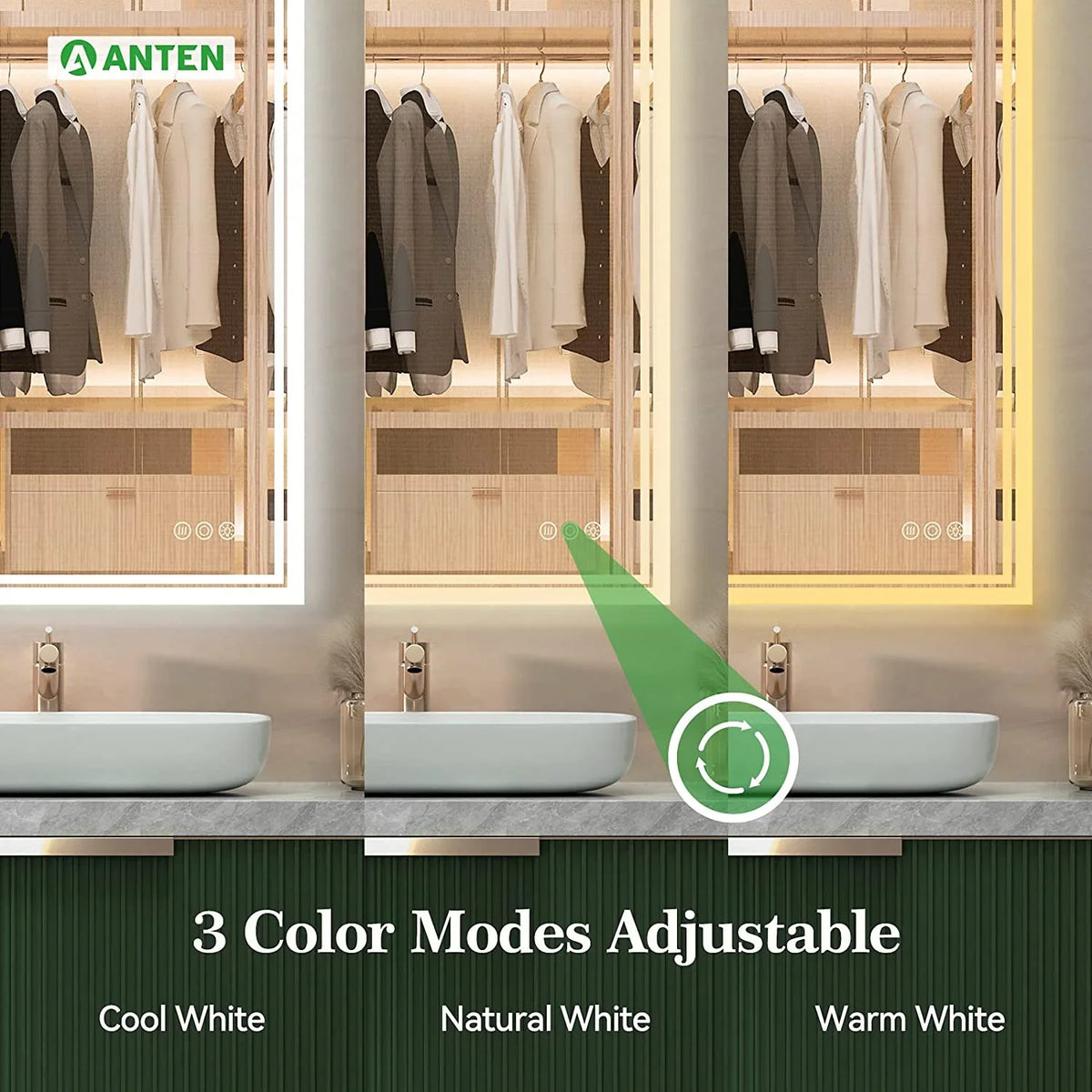 36x28 Wall-Mounted LED Mirror, Bathroom Touch with Backlit LED Mirror Bathroom Mirror, ANTEN Lights, Dimmable Inch Vanity Mirror Sensor, Bathroom Anti-Fog, Lighted 3000K-6000K,