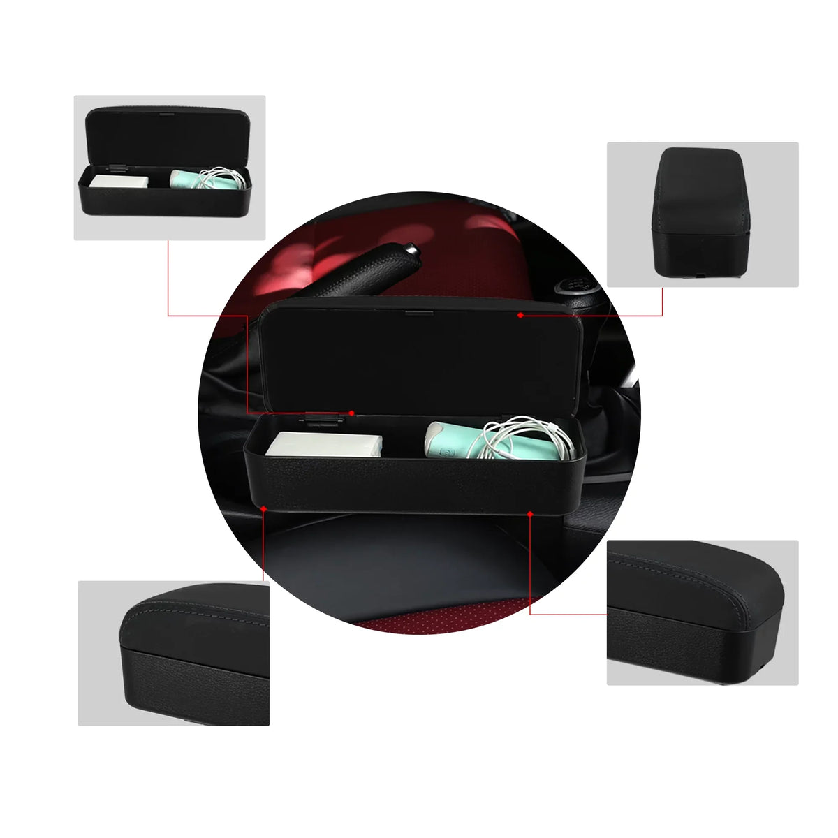 Box Seat PU Leather Organizer Car Gap Box with Armrest Armrest Armrest Adjustable Line Black Center Storage Black