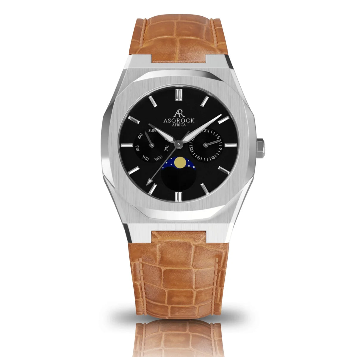 Asorock watches brand Silver/Black 40mm mens Black owned Transporter | watch | leather | Brown watch