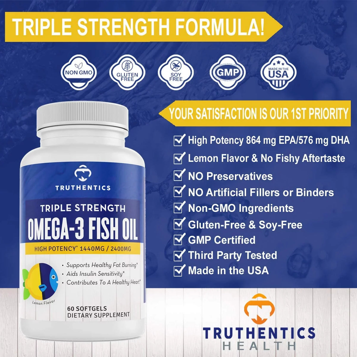 '- 100% Sea-Harvested mg Omega 2400 DHA 120 Omega Softgels Lemon Strength (2 - Fish Fish Acids Oil Pack) Flavor Truthentics - - Fatty EPA Burpless High 3 Oil 3 Pure Triple