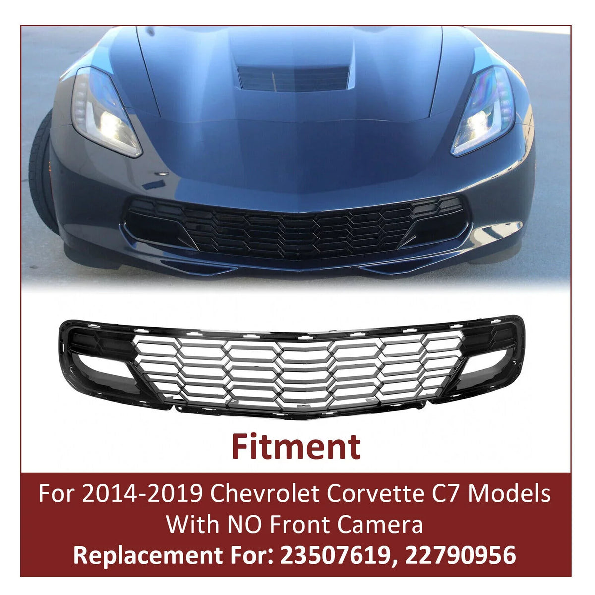 Lower Painted Corvette Style Cover C7 Bracket) 2014-2019 Chevrolet Front Front Models Bumper Grille (W/O Plastic Z06 All Camera for Black Kojem Glossy