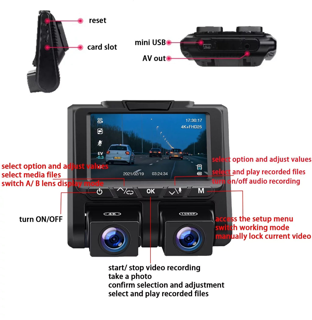 3" Dash LCD Camera TOGUARD 1080P+1080P HD Full Cam, Dashboard Front Inside Dual Camera Black Cams Car and Dash