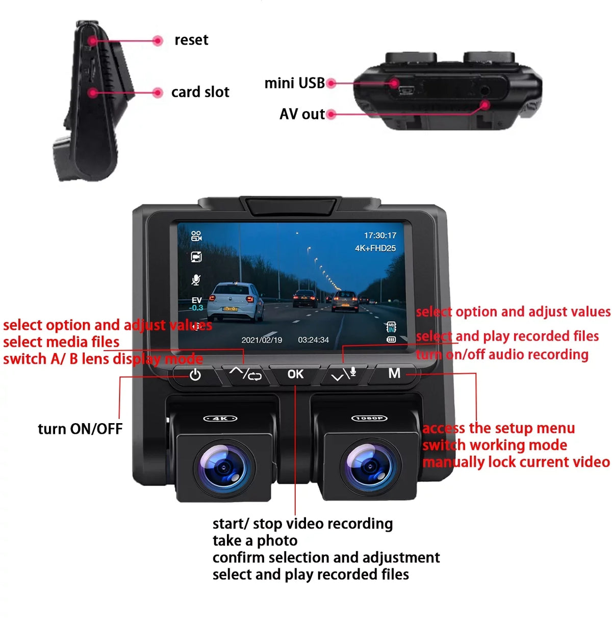 3" Dash LCD Camera TOGUARD 1080P+1080P HD Full Cam, Dashboard Front Inside Dual Camera Black Cams Car and Dash