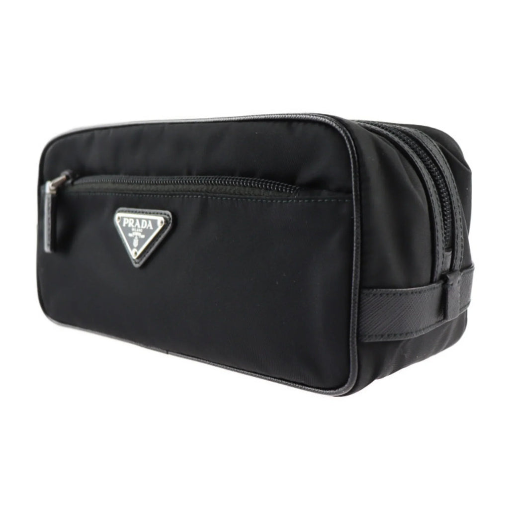 bag black leather 2NA819 (Good) clutch Pre-Owned nylon handbag silver hardware Prada logo second PRADA triangle