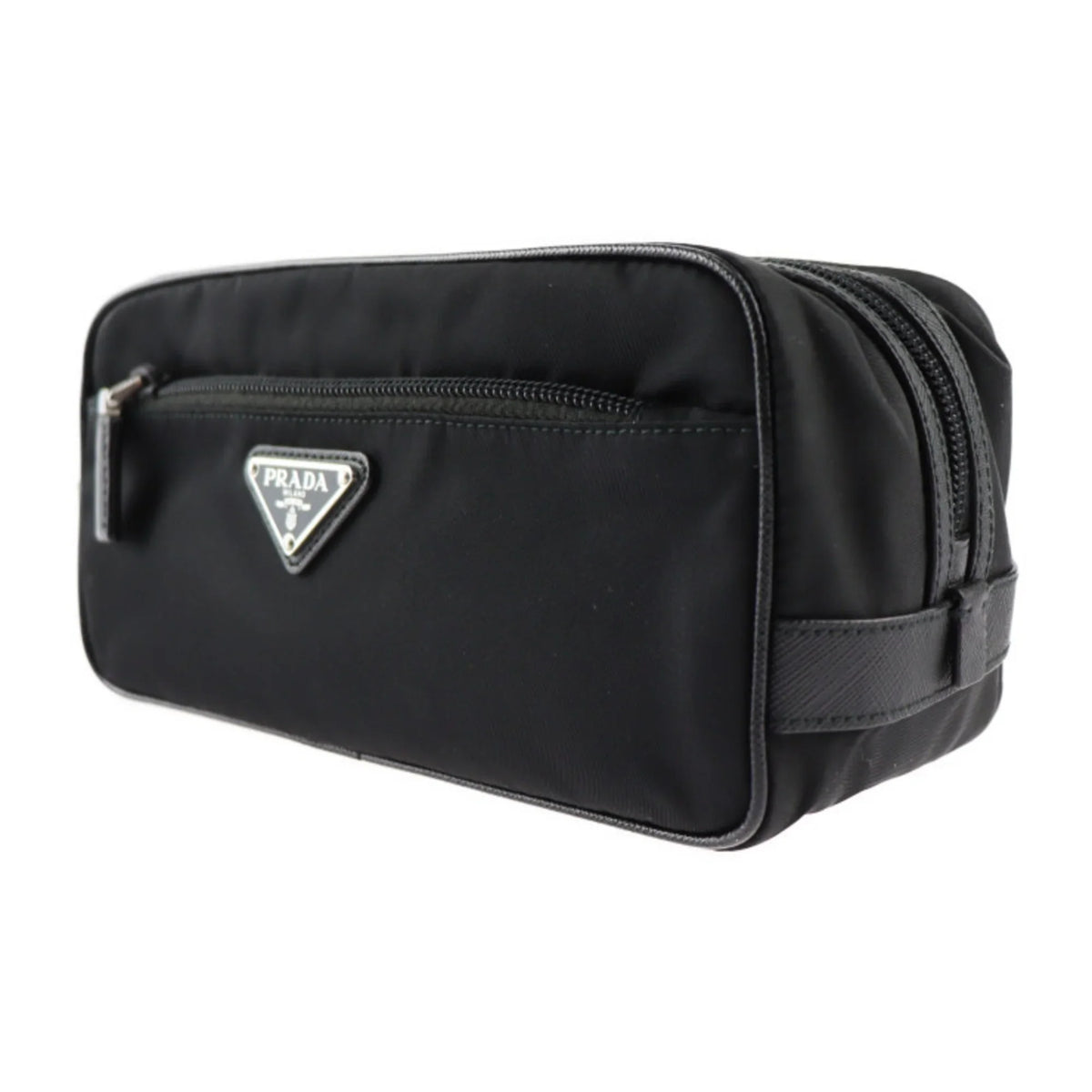 bag black leather 2NA819 (Good) clutch Pre-Owned nylon handbag silver hardware Prada logo second PRADA triangle