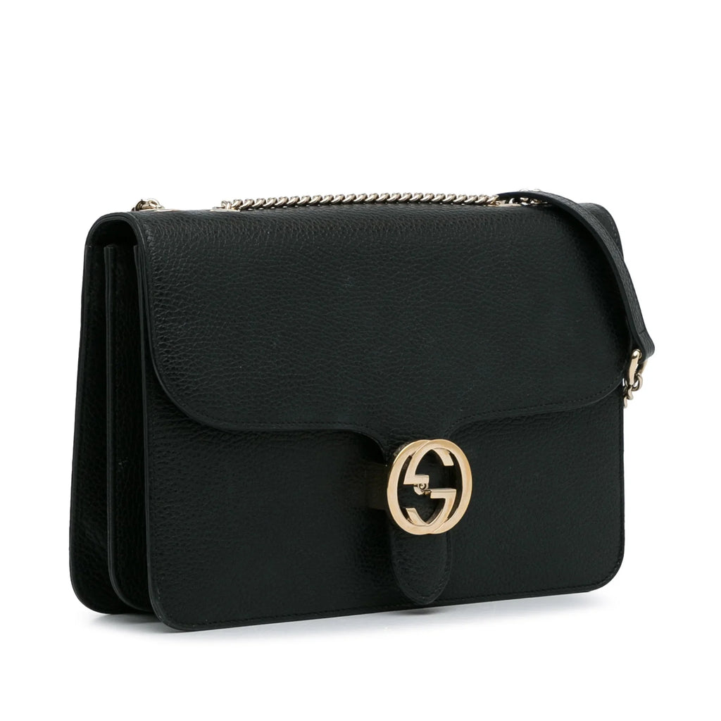(Good) Authenticated G Leather Dollar Interlocking Crossbody Unisex Calf Gucci Medium Pre-Owned Bag Black
