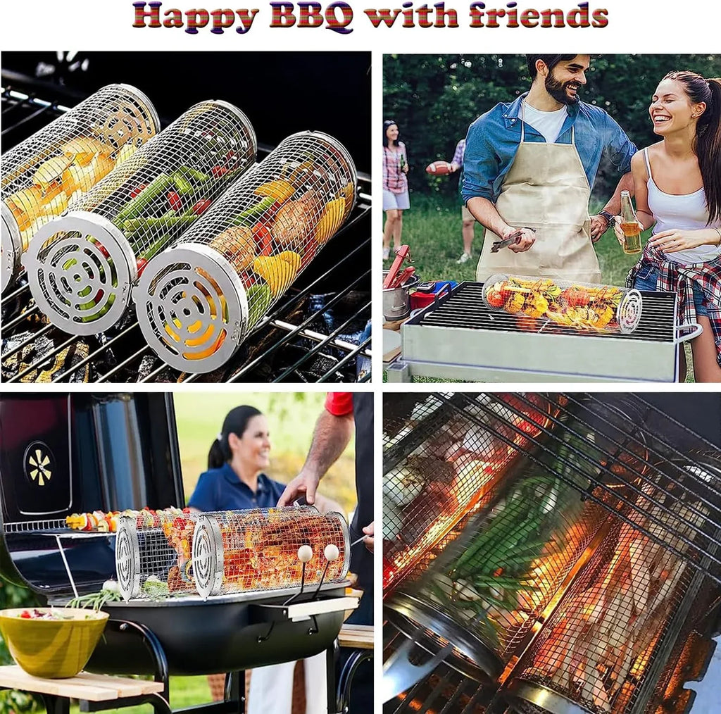 Cooking ，Portable Vegetables, Outdoor Basket BBQ Shrimp, Grilling Grilling BBQ Griller for Accessories 2PC Barbeque Barbecue Basket，Round Rolling Camping Rack Fish,