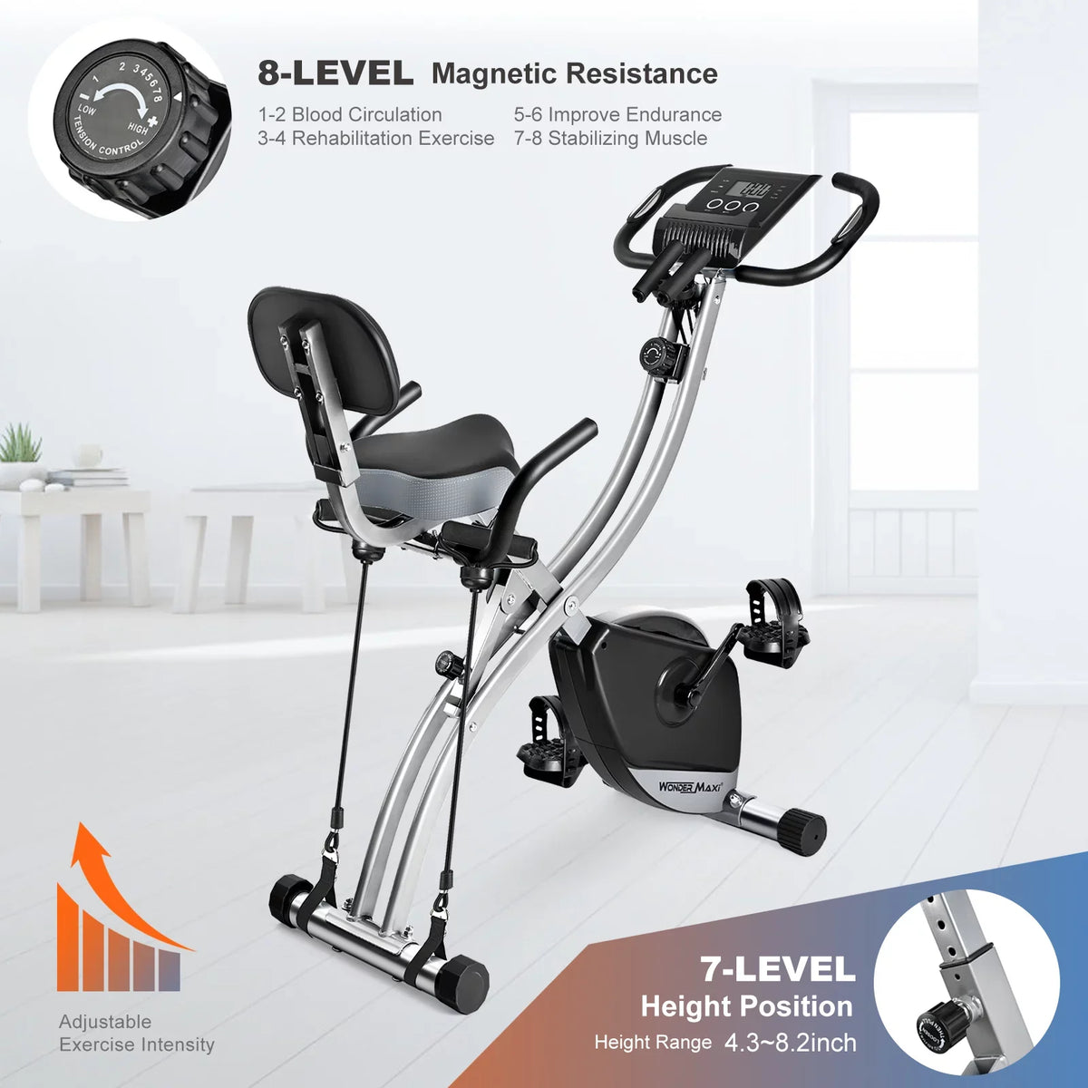 Resistance Bands Back Folding with Workout Maxi Indoor Exercise Arm Wonder Bike, and Upright Magnetic Recumbent Front