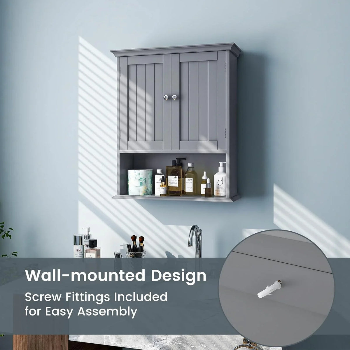 Storage Wall Cabinet, Kitchen Wooden Hanging Doors Storage Wall Medicine Mounted Cabinet for Grey Shelves, Cabinet, Multipurpose Bathroom Cabinet Living with Room, Bathroom Bathroom &