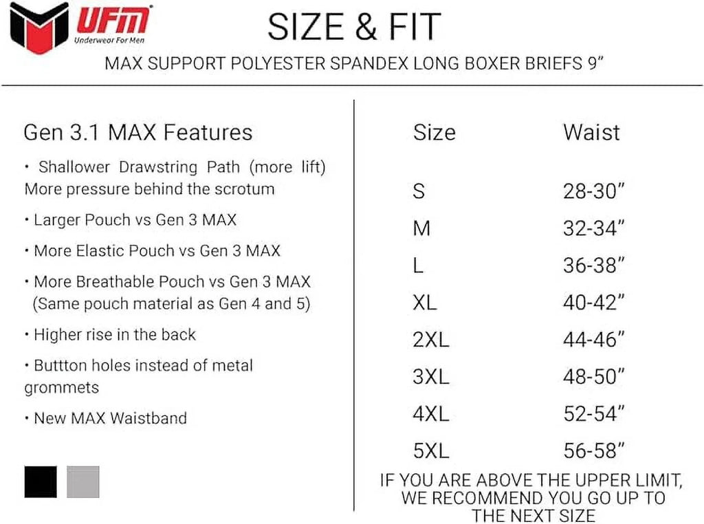 Underwear 9” MAX Support 3.1 Black Support Adj Pouch Briefs UFM Polyester Boxer Gen