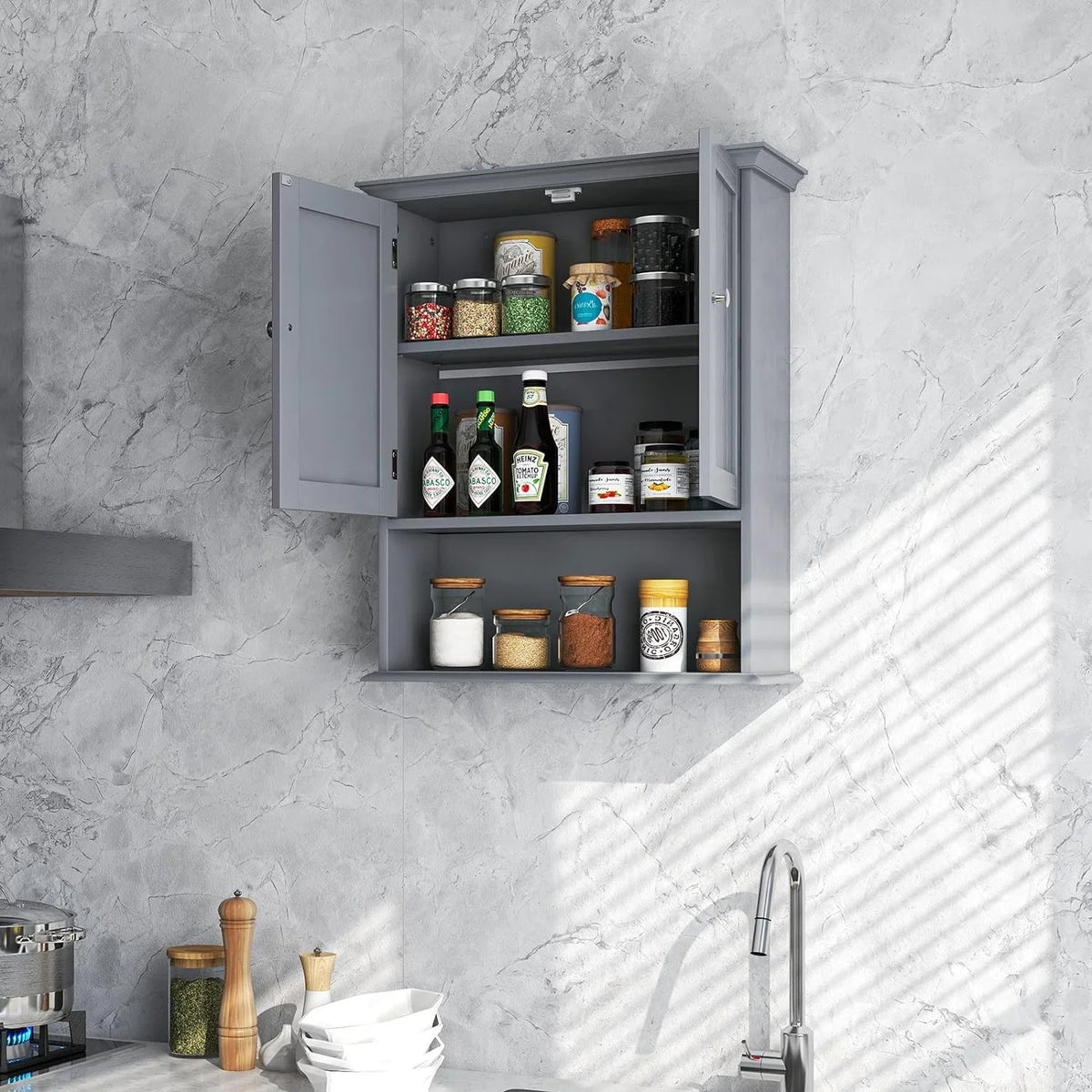 Storage Wall Cabinet, Kitchen Wooden Hanging Doors Storage Wall Medicine Mounted Cabinet for Grey Shelves, Cabinet, Multipurpose Bathroom Cabinet Living with Room, Bathroom Bathroom &
