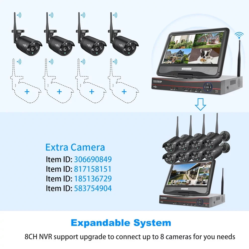 Vision, Monitor, NVR, Hiseeu Camera 10 WiFi) 4Pcs Channel Only 10.1'' with 2.4Ghz Recording, Night Waterproof, 1TB Home System with Wi-Fi (Supports Audio Security Hard Wireless Drive, Camera Security