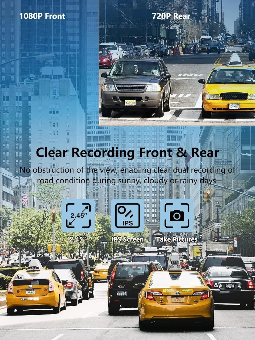 Parking Mini Card, Car,Motorcyle,Balls Dash Recording, Dash Cam Vision, and Rear, Loop 32GB 2.45 2 Screen, Accident inch Monitor with IPS Front Cam Night Ways, Mounting HD SD 1080P WDR, Lock, Full