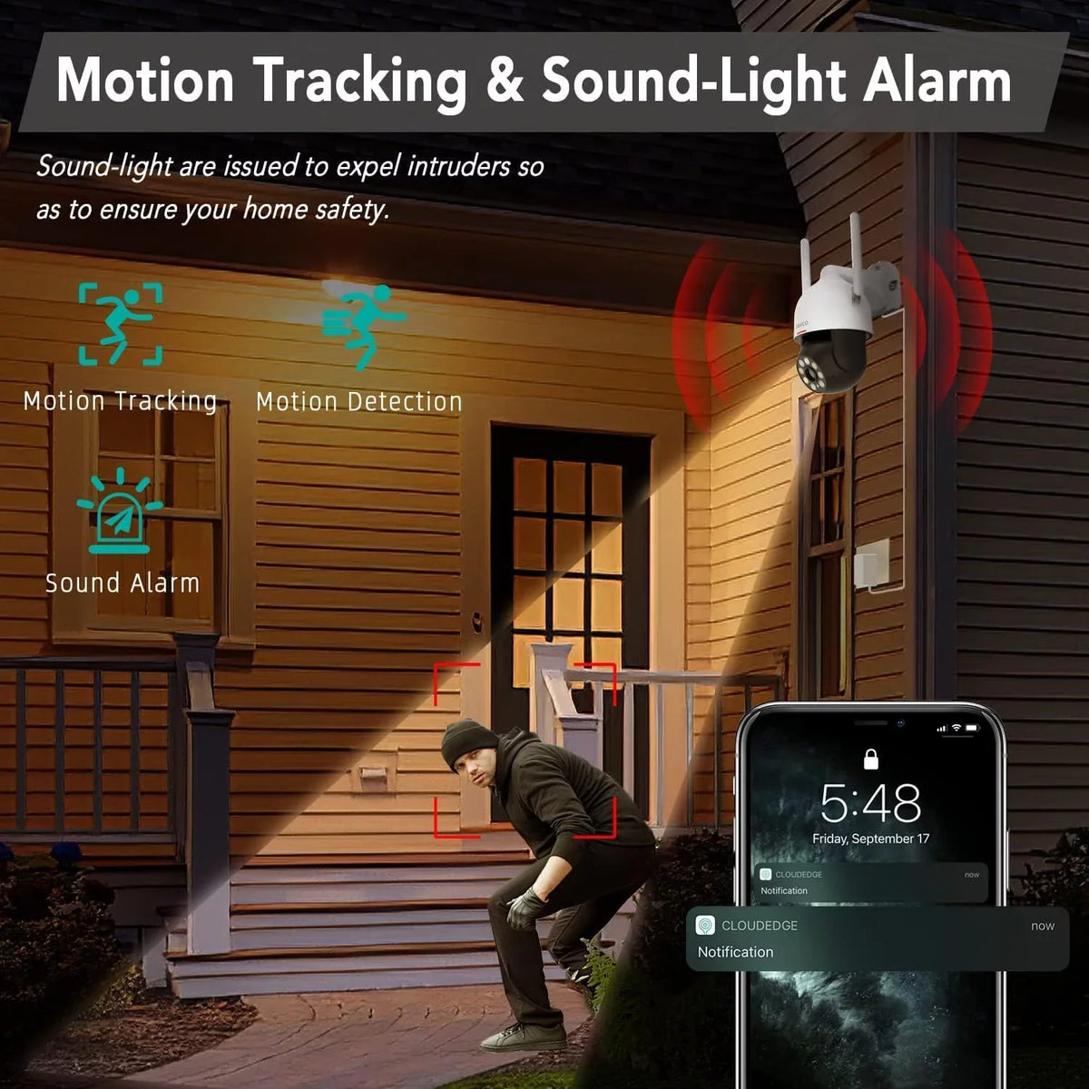 Camera, 2K Sensor, Camera Camera Surveillance Motion with Outdoor 360° Security PIR WiFi Camera Audio Spotlight, 2 View, Night DEKCO with Vision Waterproof Wired Way