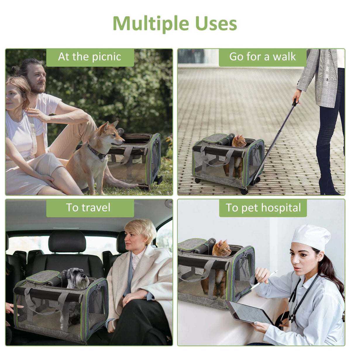 Removable Dog, with Safety Mesh Carrier Handle, Cats, Cat with Carrier Pet and Dogs Base, and Wheels Approved Soft-Sided Airline Wheel Cat Strap & for for Pet Telescopic Carrier