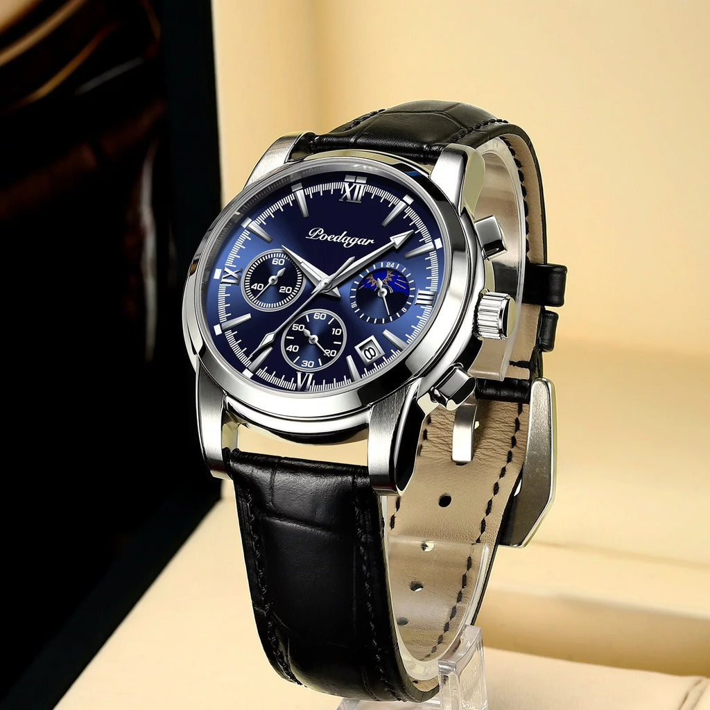 Male POEDAGAR Watch Clock Fashion Wristwatch Brand Mens Luxury Sport Waterproof Blue Quartz Leather Watches Top Casual