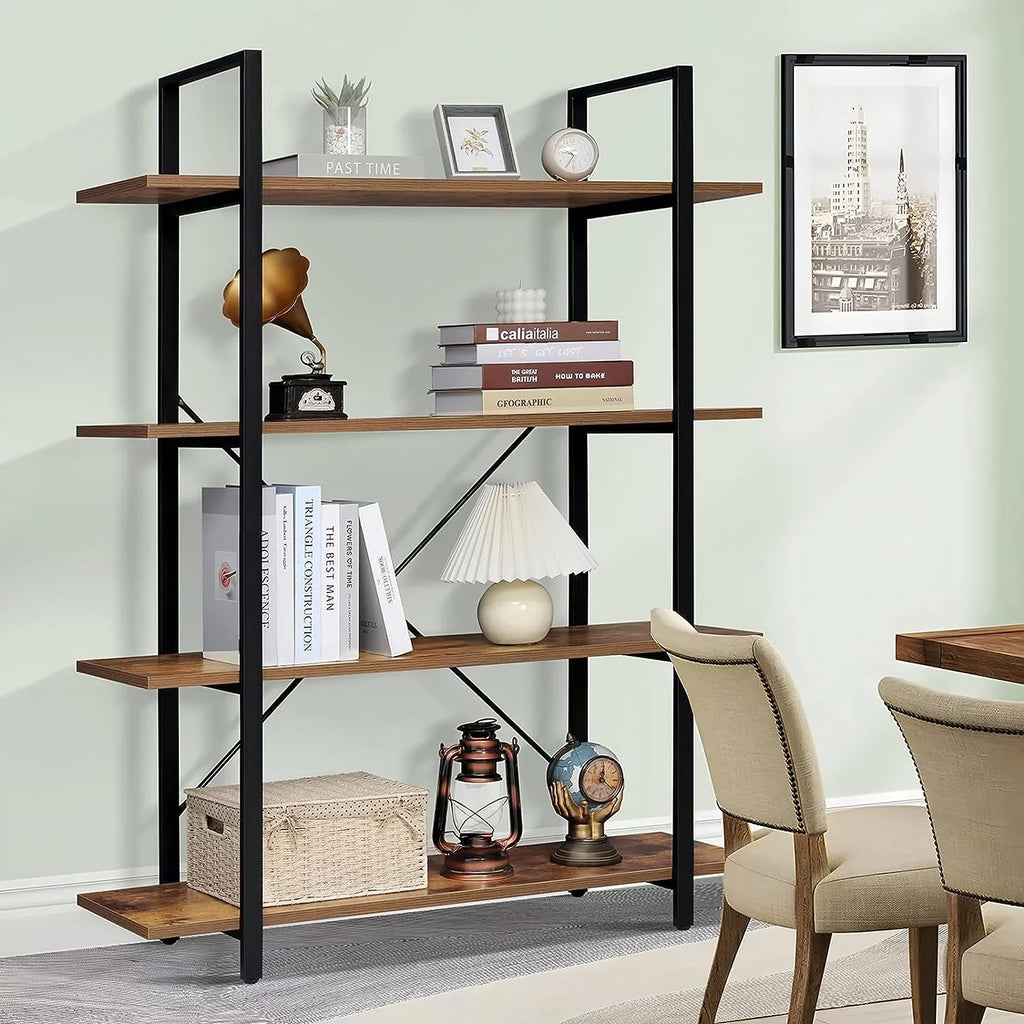 Shelves Bookcase Brown 4-Tier Living Shelf, Open Bookshelf, with Tall DIQIN Rustic Room, Bedroom, for Frame, Book Metal Display Office, Home