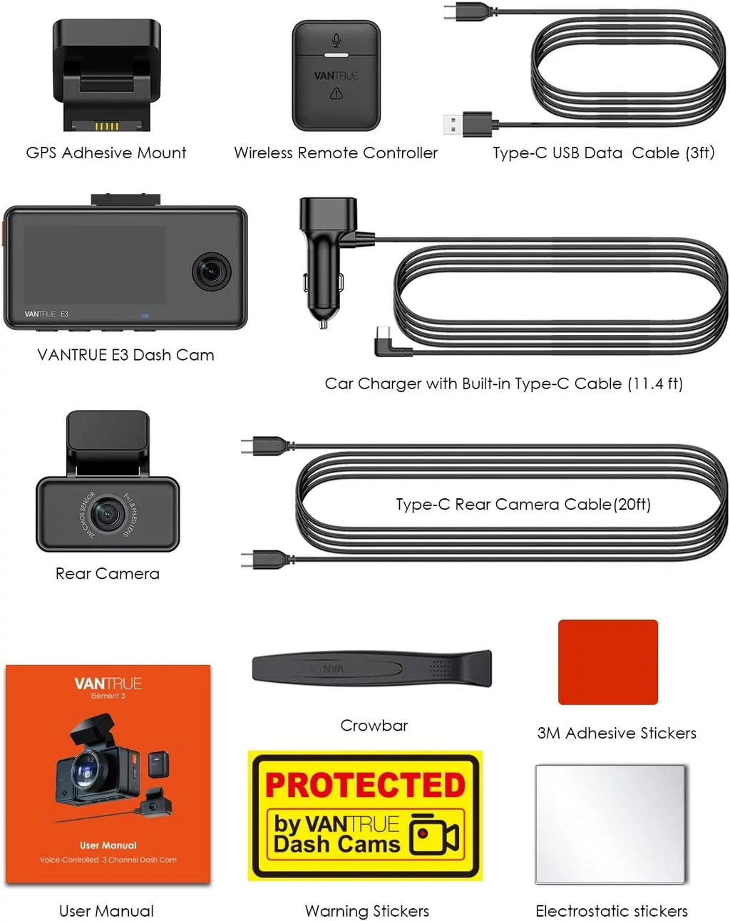 Control 3 Mode Voice Front WiFi Vantrue 3 2.5K GPS 1944P+1080P+1080P Dash and Car Inside Cam Motion Dash Night Channel Hrs IR E3 Parking Rear Camera Vision 24 for Detection Way