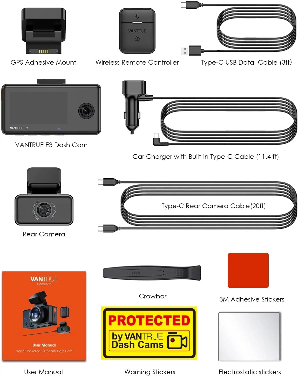 Control 3 Mode Voice Front WiFi Vantrue 3 2.5K GPS 1944P+1080P+1080P Dash and Car Inside Cam Motion Dash Night Channel Hrs IR E3 Parking Rear Camera Vision 24 for Detection Way