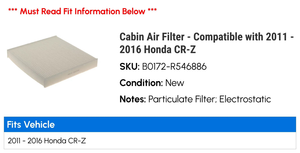2016 2012 2014 Cabin with 2015 - Filter Air Compatible CR-Z 2011 Honda - 2013