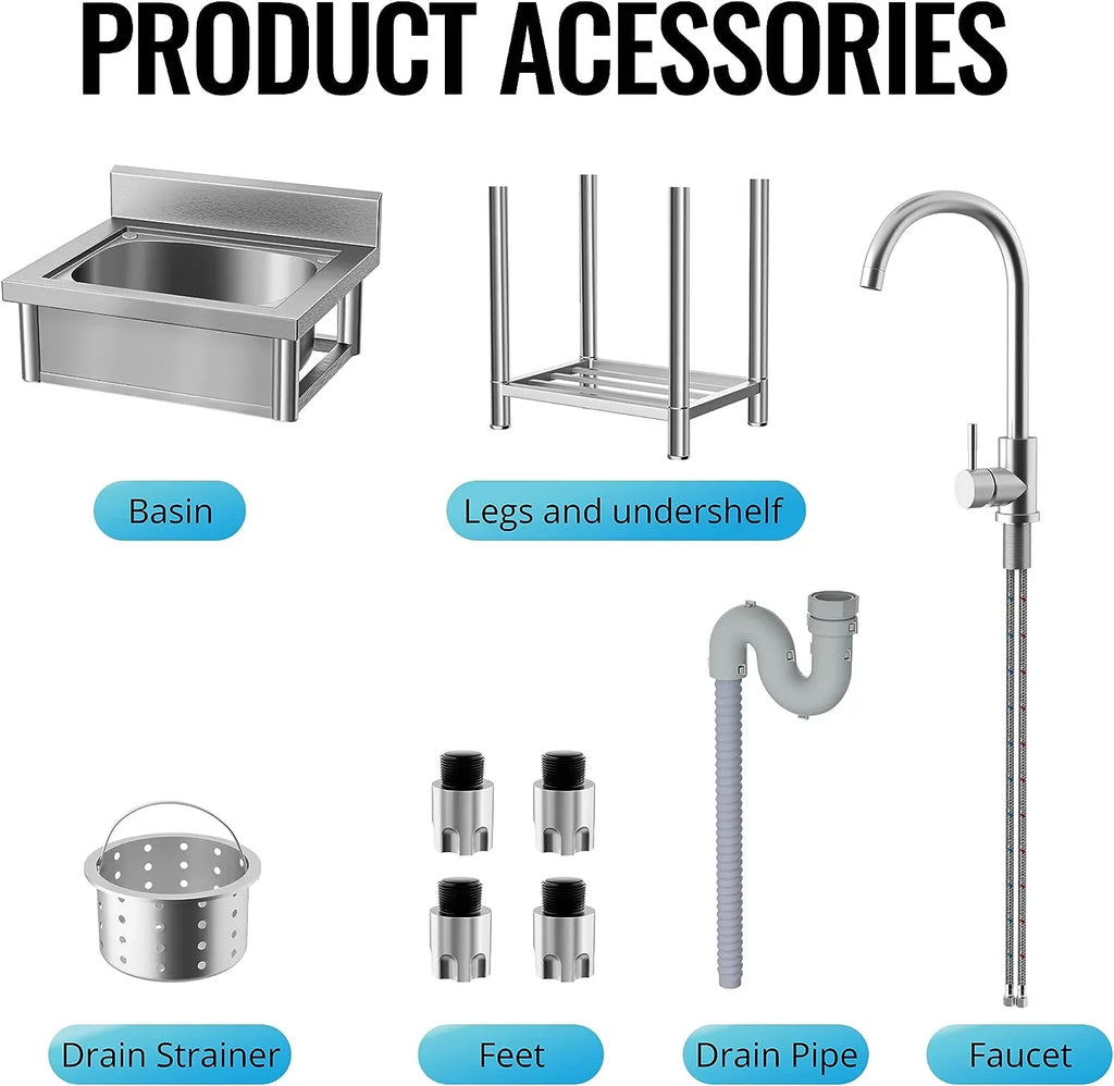 Single Steel with and Free Utility and Stainless Bathroom, Water Pipe Farmhouse for Cold Hot Ideal Standing Bowl Room, Laundry - Sink