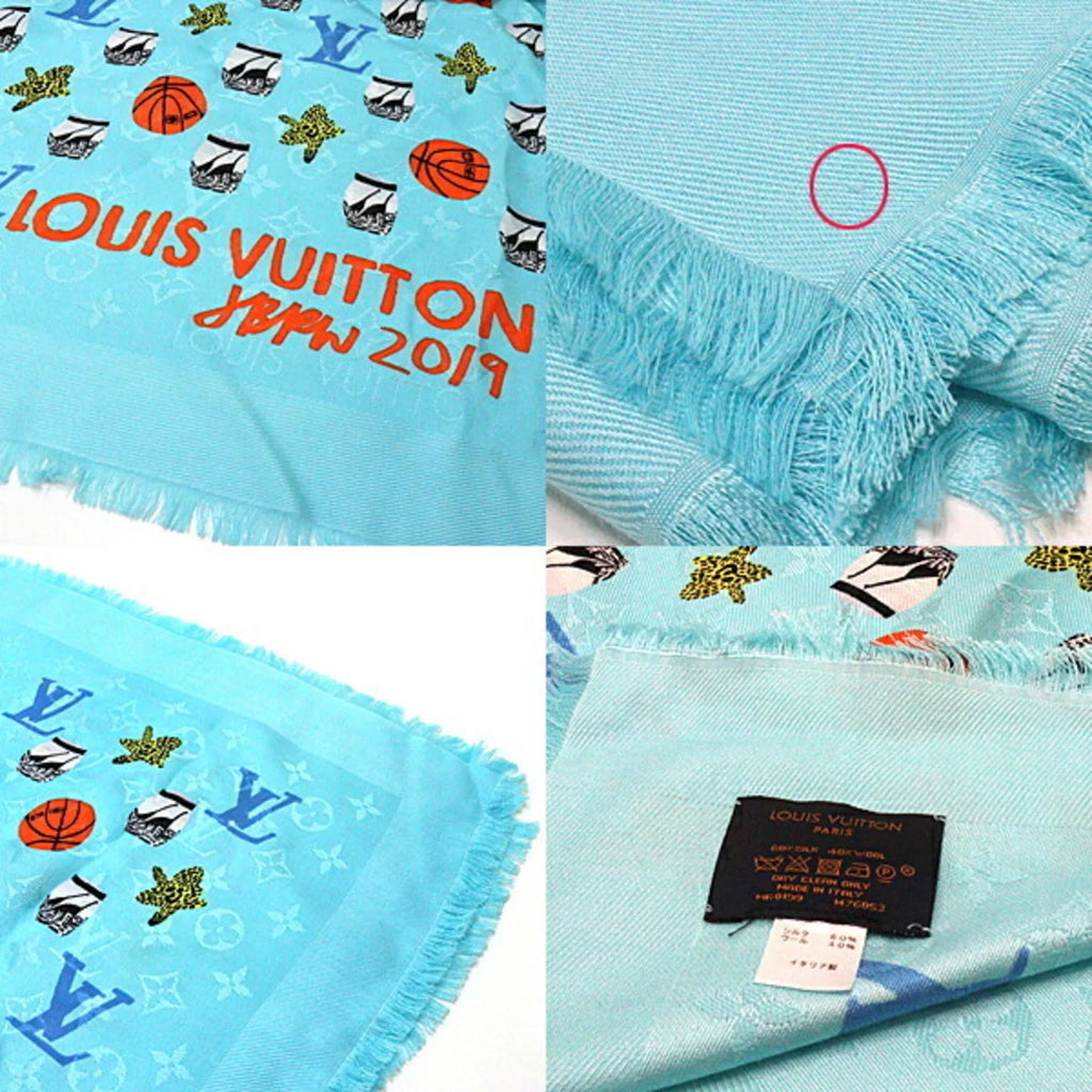 New) silk 40% Louis stole wool monogram Pre-Owned shawl 60% JONAS Jonas WOOD M76053 Wood Vuitton blue (Like basketball/flower/pot