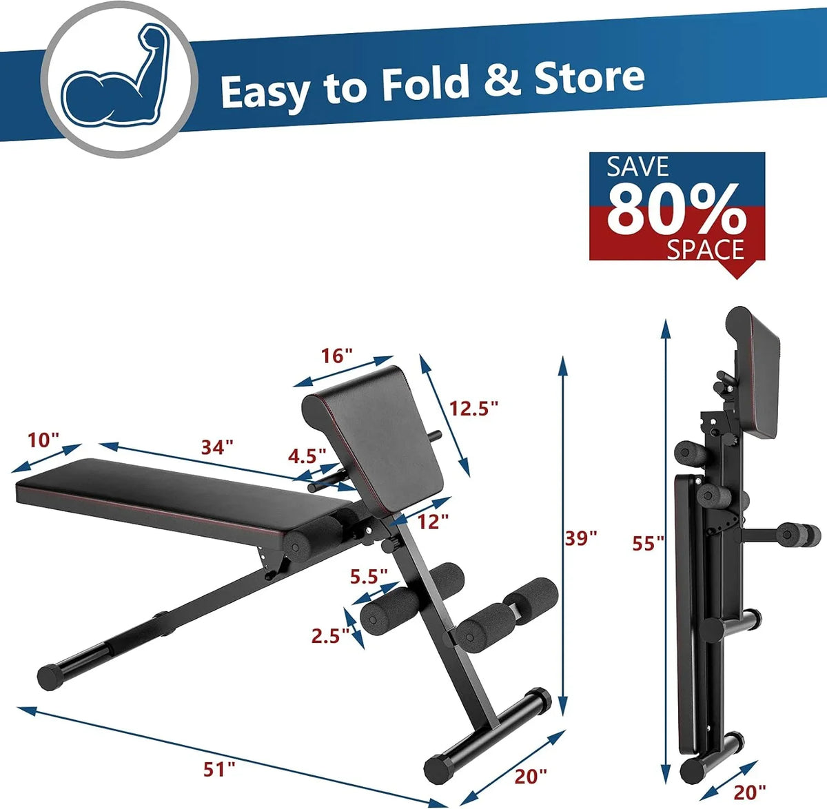 Gear Foldable Up/Push Training Black Workout Exercise/Sit Up Core Leg Home Strength Adjustable BENCH Weight Fitness