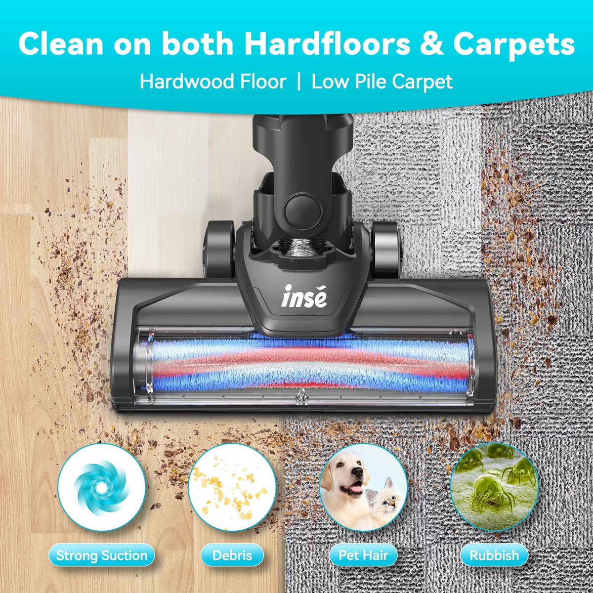 Suction INSE Vacuum Cleaner, Pet 1 Vacuum 15Kpa Runtime, Powerful Handheld 180W Stick for Hair 3 Cleaner, in Carpet Thin 40min Cleaner Floor Hard to Up Cordless Vacuum
